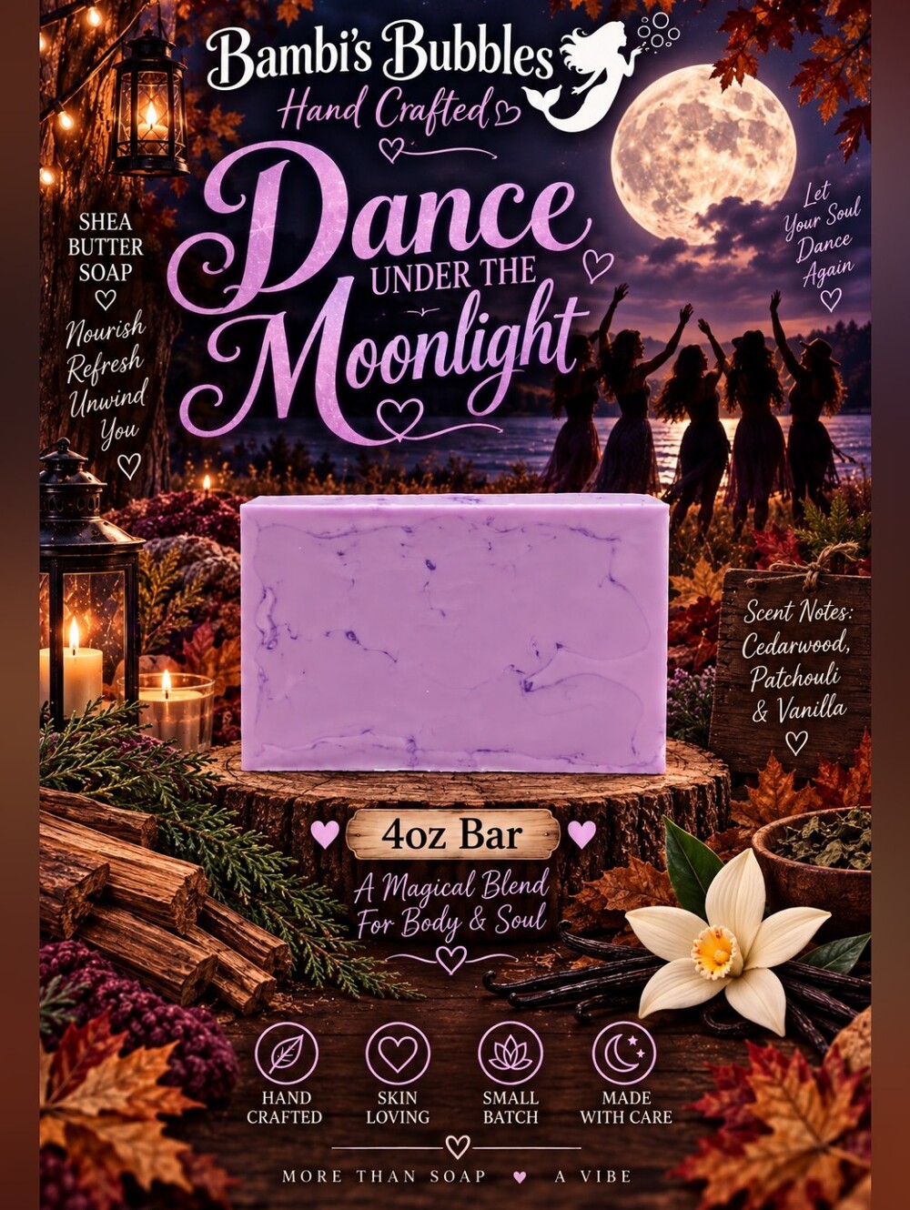 New! Bambisbubbles Dance Under the Moonlight Shea Butter Soap 4oz